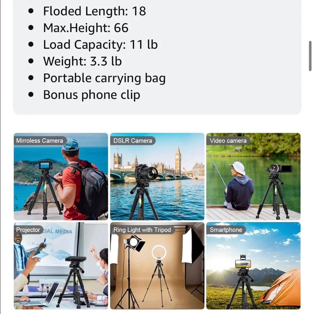 Video Camera Tripod Stand Compatible with Nikon Canon, DSLR Cameras